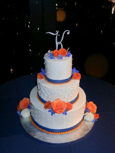 #mylovestory #maggiesottero #showyourcoast #coastdiamond Gator Cake, Blue And Orange Wedding, Blue Orange Weddings, Orange Wedding Cake, Orange Wedding Themes, Pinterest Cake, Blue Weddings, Cake Bridal, Royal Blue Wedding