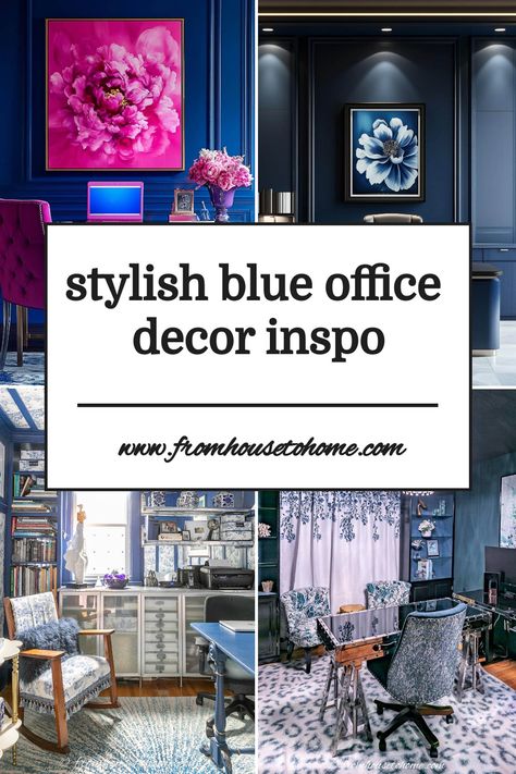 stylish blue office decor inspo Blue Home Office Ideas, Diy Wall Unit, Blue Decor Ideas, Blue Office Decor, Blue Home Office, Cozy Reading Room, Home Library Design Ideas, Pink Home Office, Blue Home Offices