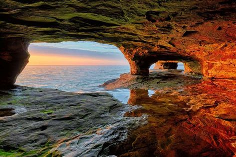 Things to Do in Pictured Rocks: How to Visit the Michigan Lakeshore - Thrillist Pictured Rocks Michigan, Hiawatha National Forest, Pictured Rocks, Pictured Rocks National Lakeshore, Michigan Road Trip, Sea Cave, Michigan Vacations, Michigan Travel, Upper Peninsula