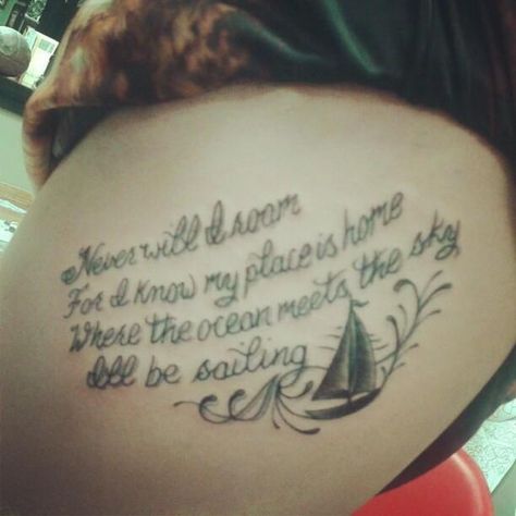 Never will I roam for I know my place is home, where the ocean meets the sky ill be sailing. Boat tattoo. Sail boat. Rod Stewart. Rhythm of my heart. Rod Stewart Tattoo, I Know My Place, Know My Place, Sailboat Tattoo, Boat Tattoo, Dove Tattoos, Memorial Tattoo, Boat Stuff, Rod Stewart