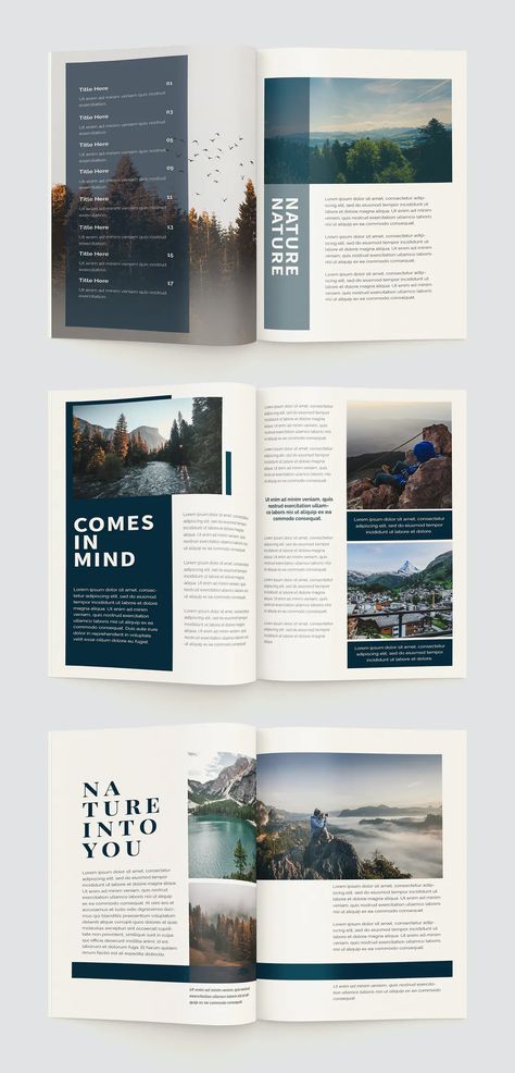 Mountain Nature Magazine Template InDesign - 20 pages Mountain Brochure Design, Nature Editorial Design, Travelling Brochure, Graphic Design Brochure Layout, Indesign Layout Inspiration, Indesign Layouts, Magazine Page Design, Indesign Inspiration, Document Layout