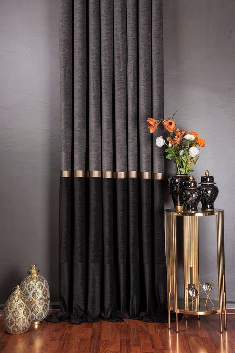 ExclusiveShopByEnes - Etsy Luxury Drapes Living Rooms, Statement Curtains Living Room, Dark Curtains Living Room, Black Curtains Living Room, Black And Gold Curtains, Grey Curtains Living Room, Dark Grey Curtains, Townhome Ideas, Fraternity House