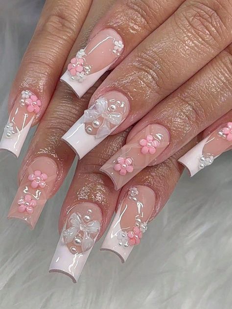 22 Trendy Summer Nails for a Fresh Look Nails With Bows And Pearls, Nail Designs Coffin Medium, Pearl Nails Coffin, Cute French Nails Ideas, Clear Flower Nails, Flower Charm Nails, Uñas Press On, 3d Nail Designs Acrylics, Cute Coffin Nails