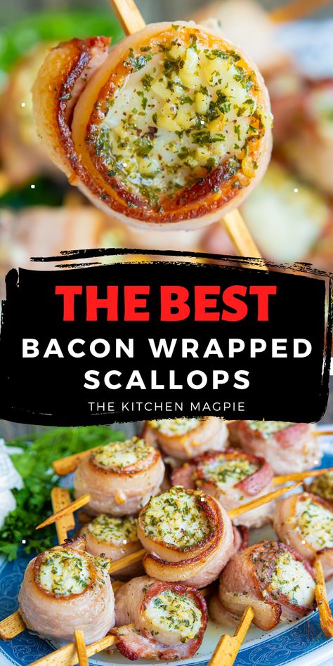 Scallop Hors D’oeuvres, Scallop Recipes Bacon, Scallops Appetizer, Bacon Wrapped Scallops Recipe, Scallops Recipes, Scallop Appetizer, Butter Garlic Sauce, Bacon Scallops, Bacon Wrapped Scallops