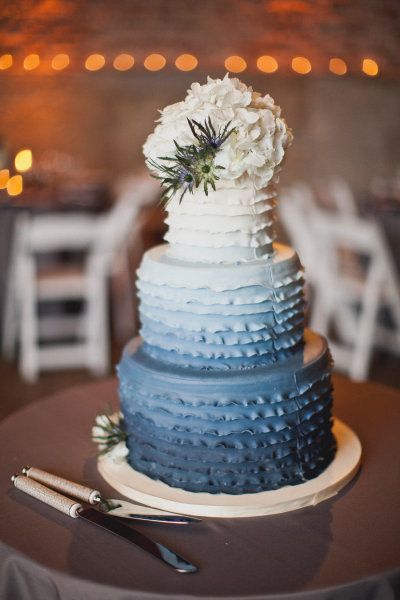 love this blue ombre cake with blue thistle! Blue And White Wedding Cake, Ruffled Wedding Cake, Ruffle Wedding Cake, Wedding Cake Ombre, Denim Wedding, Blue And White Wedding, Ombre Wedding, Ombre Cake, Ruffle Cake