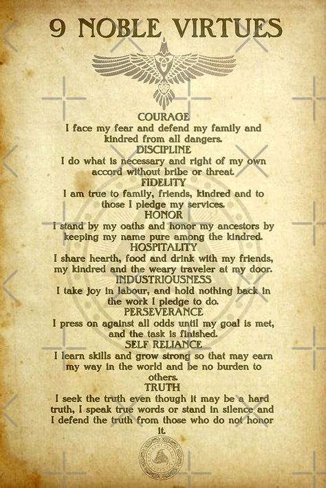 "9 Noble Virtues" by FantasySkyArt | Redbubble 9 Noble Virtues, Nine Noble Virtues, Noble Virtues, Poetic Edda, Ancient Wisdom Quotes, Moral Code, Habits Of Mind, Spiritual Prayers, Moral Values