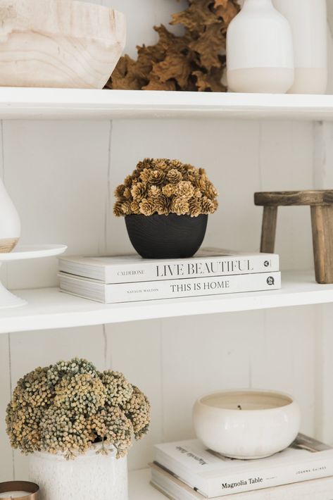 Fall Shelf Decor Ideas, Fall Shelf Decor, Book Shelf Styling, Shelf Decorating, Kitchen Shelf Decor, Shelf Decor Living Room, Black Shelves, Wall Shelf Decor, Living Room Update