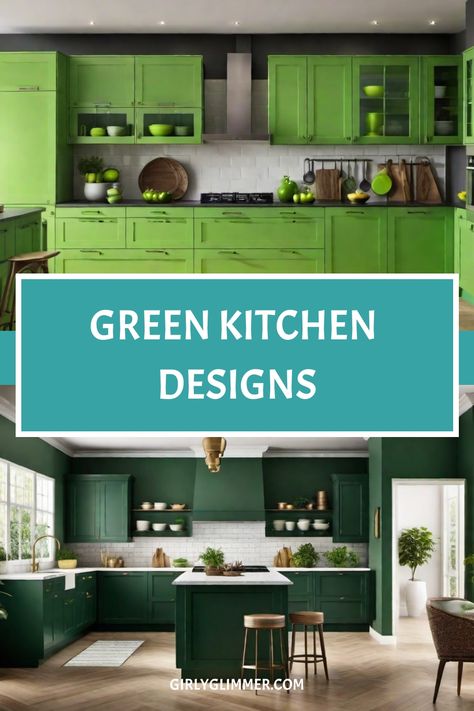 Green-themed kitchens with modern cabinets and decor elements. The text reads "Green Kitchen Designs". Emerald Green Cabinets, Bright Green Kitchen, Kitchen Color Ideas, Green Kitchen Designs, Green Backsplash, Trendy Kitchen Colors, Fresh Farmhouse, Green Kitchen Cabinets, Fresh Kitchen