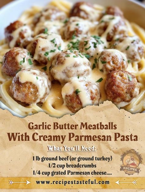 Garlic Butter Meatballs With Creamy Parmesan Pasta, Creamy Spaghetti And Meatballs, Meatball Alfredo, Garlic Butter Meatballs, Creamy Parmesan Pasta, Butter Meatballs, Meat Casseroles, Meat Casserole, Parmesan Meatballs