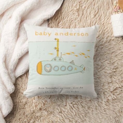 $39.95 | Cute Underwater Submarine Monogram Baby Stat Throw Pillow #nurserygiftbabytoddlerkid #cutediveinunderwatersubmarine #underwaterseaoceanfish #nauticalanimalmousemarinecoastal #elegantsimpleminimalcheerfulclassy #pastelmutedscandicleanfresh #adventureyellowwhimsicalcoolneutral #aquariumtrendymodernprettyunique #swimmingswimrustictealfun #boysorangeaquabluegreen Underwater Submarine, Monogram Baby, Baby Throw, Pet Mice, Baby Monogram, Nursery Gift, Holiday Pillows, Baby Pillows, Kids Collection