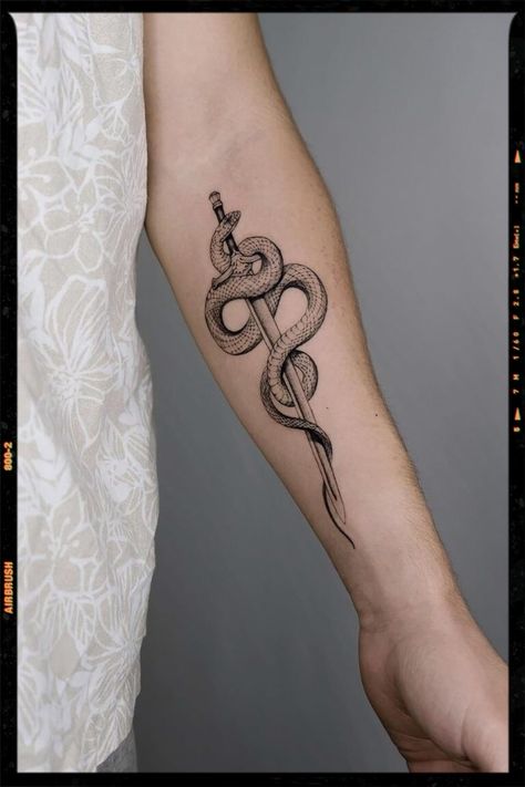 Snake And Sword Tattoo Hermes Tattoo, Snake And Dagger Tattoo, Tattoos Masculinas, Rib Tattoos For Guys, House Tattoo, Serpent Tattoo, Clever Tattoos, Wrist Tattoos For Guys, Snake Tattoo Design