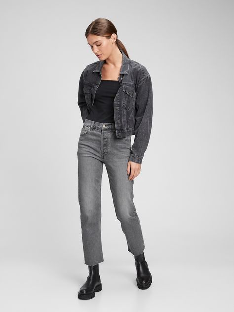 Fit: Hugs your hips, holds you in & ends with a straight leg that hits at the ankle.  Fabric: 99% Cotton, 1% Stretch.  Stretch: Low Stretch Jeans.  Feels like vintage denim with a hint of stretch.  Snug at first & holds you in, but forms to your shape. ​ Rise: High Rise Jeans.  Look: A classic five-pocket jean in a grey wash.  Raw hem.  Details: Hidden button fly & five-pocket styling.  Responsibly Made: This pair of jeans is part of our water-saving Washwell program.  Compared to conventional w Gray Straight Leg Jeans Outfit, Gray Denim Jeans Outfit, Grey Denim Jeans Outfit, Grey Jeans Women, High Water Jeans, Grey Jeans Outfit, Big Basin, Boots And Jeans, Gray Jeans