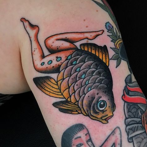 Reverse Mermaid Tattoo, Fishing Rod Tattoo, Stay Humble Tattoo, Reverse Mermaid, Humble Tattoo, Goldfish Tattoo, Tattoos Instagram, Traditional Tattoo Old School, Sick Tattoo