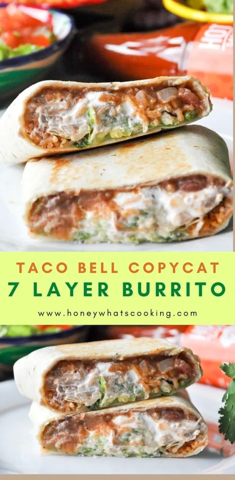 7 Layer Burrito Taco Bell (vegetarian) – Honey, Whats Cooking Fiesta Veggie Burrito Taco Bell, Seven Layer Burrito, Taco Bell Veggie Burrito, Healthy Taco Bell Copycat, Taco Bell Copycat Recipes Vegetarian, Copycat Taco Bell Burrito Supreme, 7 Layer Burrito Taco Bells, 5 Layer Burrito Taco Bells, Copycat Recipes Taco Bell