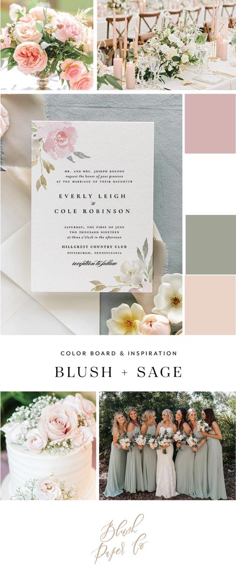 With so many colors to choose from, Blush Paper Co. is here to help you choose the perfect color palette for your wedding day! Consider hues of blush and sage paired with dusty rose and white. #neutralwedding #springwedding #summerwedding #fallwedding Sage And Blush Color Palette Wedding, Wedding Theme Sage And Blush, Sage White And Blush Wedding, Neutral Dusty Rose Wedding, Green Pink White Wedding Color Schemes, Sage Green Blush Pink Cream Wedding, Wedding Color Schemes Sage Green And Blush, Dusty Rose And Sage Green Wedding Theme Flowers, Wedding Invitations Blush And Sage