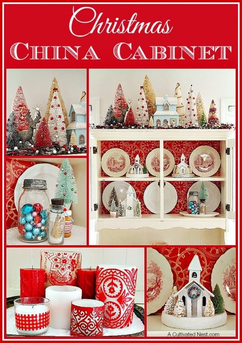 Christmas Decorating Ideas. Some cute ideas for decorating your Christmas china cabinet! #christmas #christmasdecor #bottlebrushtrees Christmas China Cabinet, China Cabinet Decor, Christmas Hutch, Jar Snowman, Xmas Plates, Mason Jar Snowman, Christmas Mantles, Christmas Details, Red Transferware