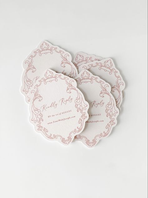 Old world romantic invitation suite. Custom die-cut outlines vintage style artwork. #weddinginvitation #weddingrsvpcard #romanticweddingdetails #diecutrsvpcard Marie Antoinette Invitations, Romantic Design Graphic, Coquette Wedding Invitations, Die Cut Wedding Invitations, Romantic Branding, Vintage Inspired Wedding Invitations, Wedding Stationary Design, Napkin Cards, 50 Logo