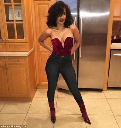 She looks fabulous: Cardi B showed off her enviably svelte frame in a photo she posted to ... Best Friend Halloween Costumes, Queen Latifah, B Fashion, Armani Jeans, Cardi B, Baddie Outfits, Home Fashion, Kylie Jenner, Strapless Dress Formal