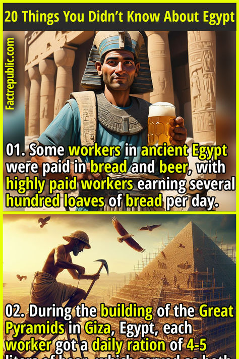 01. Some workers in ancient Egypt were paid in bread and beer, with highly paid workers earning several hundred loaves of bread per day. #egypt #ancient #history #travel #living #world #adventure