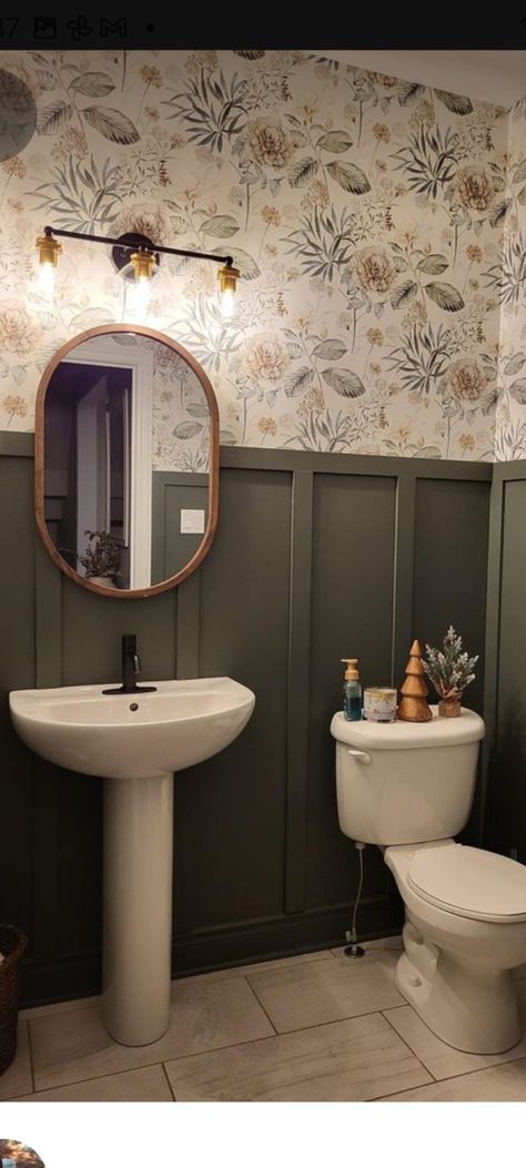 Half Bathroom Moody, Dark Academia Half Bathroom, Bead Board And Wallpaper Bathroom, Powder Room Ideas Board And Batten, Downstairs Half Bathroom Ideas, Cottagecore Half Bathroom, 2 Color Bathroom Walls, Toilet Room Wallpaper Ideas, Green Guest Bathroom Ideas