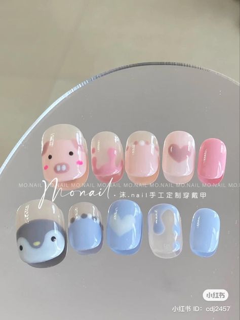 Molang Nails, Pig Nails, Flame Nail Art, Yellow Nails Design, Fake Nails Designs, Super Cute Nails, Hello Nails, Small Nail, Nail Drawing