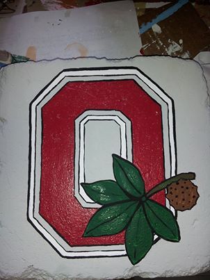 Ohio State from Roley Poley Painted Pavers on facebook Ohio State Buckeyes Crafts Diy Wood Signs, Ohio State Diy, Decorative Pavers, Ohio State Buckeyes Crafts, Ohio State Crafts, Buckeye Crafts, Courtyard Decor, Painted Bricks, Yard Sale Signs