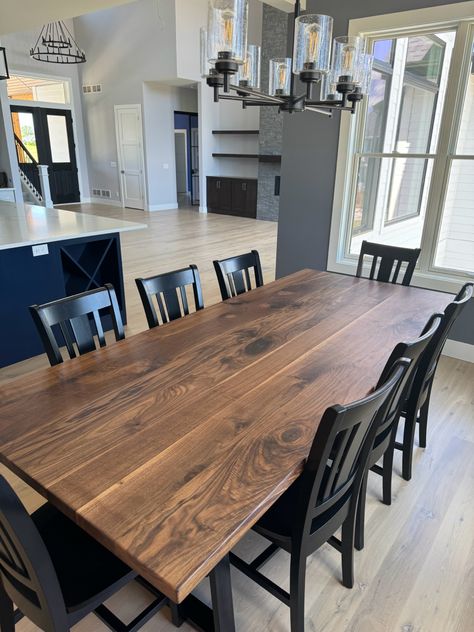 Black Walnut dining table Table Black Chairs, Black Walnut Table, Butcher Block Table, Black Chairs, Stained Table, Block Table, Walnut Dining Table, Black Chair, Walnut Table