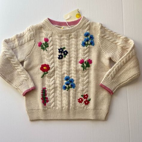 Nwt Mini Boden -- She'll Adore The Pretty Flowers Embroidered On This Lovely Ecru Cable Knit Sweater And Its Chunky Knit Will Keep Her Warm On A Breezy Day. Pair With A Corduroy Twirly Skirt, Corduroy Pants, Or Jeans And She'll Be Comfy And Stylish For 3-Season Fun. 45% Polyamide, 30% Cotton, 25% Wool. Delicate Machine Wash, Dry Flat, Do Not Dry Clean. Size 4/5 Years. Mint Sweater, Toddler Graphic Tee, Owl Sweater, Blush Sweater, Boden Kids, Puff Sleeve Cardigan, Fox Sweater, Twirly Skirt, Flowers Embroidered