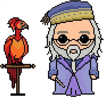 Harry Potter: Albus Dumbledore and Fawkes  Pattern Pixel Art Harry Potter, Harry Potter Perler Beads, Harry Potter Library, Harry Potter Cross Stitch Pattern, Cross Stitch Harry Potter, Harry Potter Blanket, Harry Potter Crochet, Art Harry Potter, Modele Pixel Art