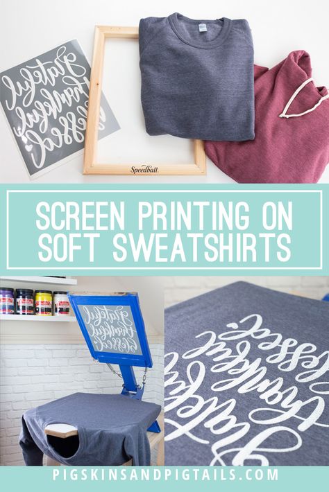 Screen printing with vinyl on soft-style and vintage sweatshirts can be tricky. Here are some tips to help you get great looking results on your favorite sweatshirts, like Alternative and ComfortWash by Hanes. #screenprinting #sweatshirts #alternative #comfortwash Simple Screen Print, Screenprint T Shirt, Screen Printing With Cricut, Screenprinting Shirt, Screen Printing Ideas, Screen Printing At Home, Silk Screen Printing Diy, Screen Print Designs, Screen Print Sweatshirt