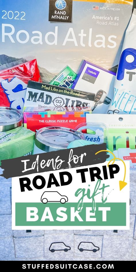 Roadtrip Basket Gift Ideas, Road Trip Care Package For Adults, Road Trip Gift Basket Ideas For Adults, Road Trip Basket Ideas, Teen Road Trip Essentials, Road Trip Goodie Bags For Adults, Road Trip Basket For Adults, Road Trip Care Package, Road Trip Gift Basket Ideas