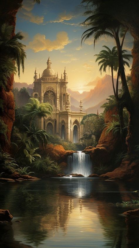 Pictures Landscape, Paradise Painting, Indoor Courtyard, Fantasy Architecture, Jungle Scene, Chasing Waterfalls, Painting Pictures, Forest Mountain, Fantasy Castle