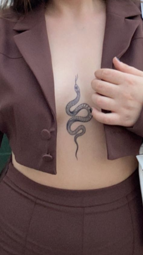 Snake And Key Tattoo, Snake Chest Tattoos For Women, Snake Tattoo Chest Women, Sternum Snake Tattoo Women, Snake Tattoos For Women Chest, Snake Sternum Tattoo Women, Snake Chest Tattoo Female, Snake Between Breast Tattoo, Snake Tattoo Between Breast