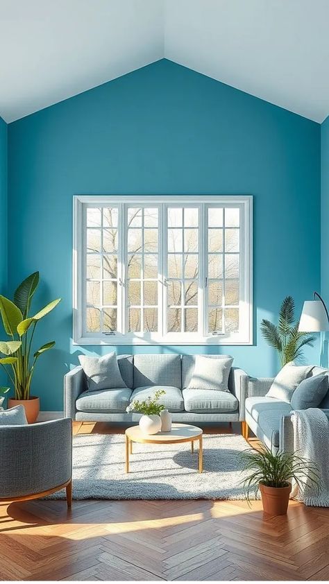 Bright living room with blue walls, large window, gray sofas, and indoor plants. Living Room Ideas For Men, Different Furniture Styles, Palette Living Room, Blue Living Room Ideas, Soft Blue Walls, Blue Walls Living Room, Blue Sofas Living Room, Coastal Color Palette, Color Palette Living Room