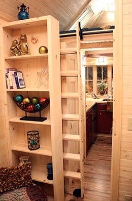 hidden ladder Hidden Ladder To Loft, Hidden Ladder, House Ladder, Tumbleweed Tiny Homes, Tiny House Company, Tiny House Stairs, Tiny House Luxury, Stairs Design Interior, Library Ladder