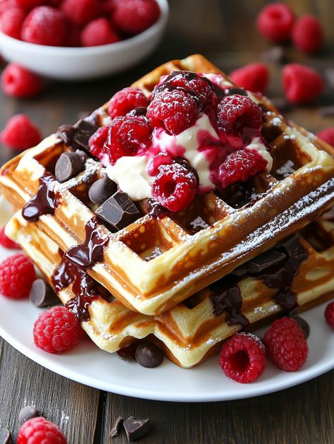 🧇 Ingredients 🧇 - 2 cups waffle mix - 1 cup milk - 2 large eggs - 1/4 cup melted butter - 1 cup cream cheese, softened - 1/4 cup granulated sugar - 1/2 cup semi-sweet chocolate chips, melted - 1/2 cup fresh raspberries - 1/4 cup raspberry jam - Powdered sugar, for dusting (optional) 🧇 Instructions 🧇 1. Preheat your waffle iron according to the manufacturer’s instructions. 2. In a medium bowl, whisk together the waffle mix, milk, eggs, and melted butter until smooth. Raspberry Waffles, Waffle Business, Stuffed Waffles, Thanksgiving Recipes Side Dishes Veggies, Food Fall, Chocolate Raspberry Cheesecake, Thanksgiving Recipes Side Dishes, Fresh Raspberries, Waffle Mix