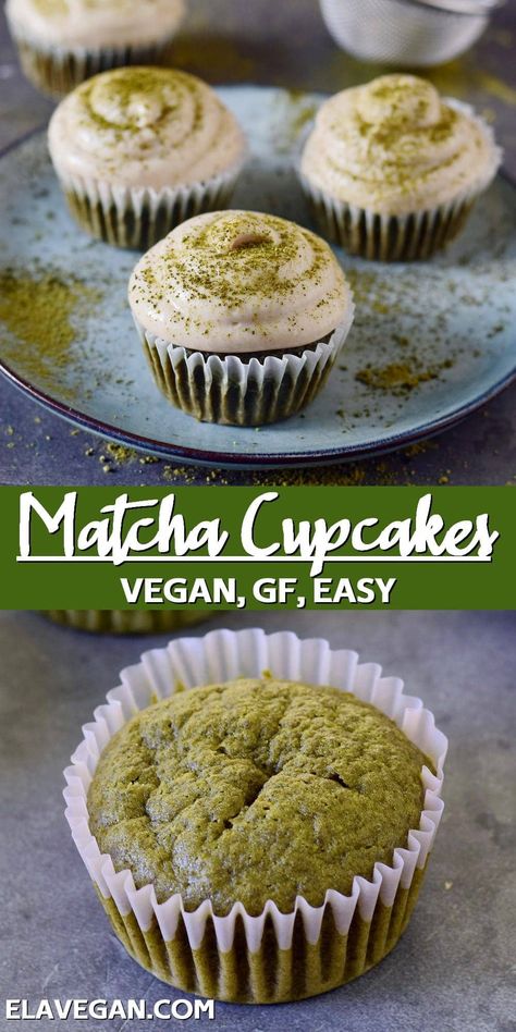 Light and fluffy, delicate matcha cupcakes, optionally topped with dairy-free frosting. This recipe is vegan, gluten-free, and you can even make it refined sugar-free and oil-free! Matcha Recipe Baking, Matcha Frosting, Vegan Gluten Free Cupcakes, Cashew Frosting, Matcha Muffins, Ella Vegan, Matcha Cupcakes, Vegan Cupcake Recipes, Dairy Free Frosting