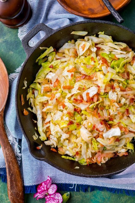 Irish Fried Cabbage and Bacon is a simple recipe that's pan-fried in bacon grease and loaded up with bacon pieces and onion and seasoned with brown sugar, salt, and pepper. Fried Cabbage And Bacon, Irish Fries, Fried Cabbage Recipe, Fried Cabbage Recipes, Irish Foods, Southern Fried Cabbage, Bacon Fried Cabbage, Cabbage And Noodles, Irish Cooking