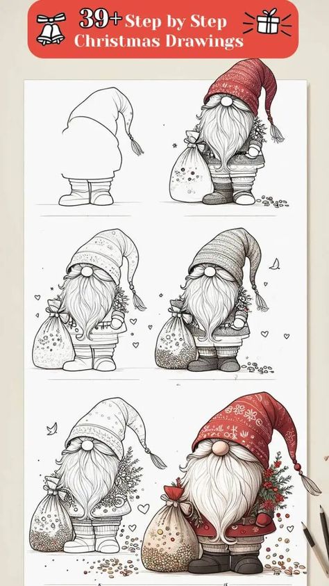 38+ Easy and Fun Step-by-Step Christmas Drawing Ideas Christmas Gnomes Painting Diy, Christmas Elf Drawing Sketches, Watercolor Christmas Gnome Tutorial, How To Paint Santa Face Step By Step, Gnome Drawing Ideas, How To Draw A Christmas Gnome, Step By Step Christmas Drawings, Christmas Drawings Art Sketch, Christmas Sketches Easy