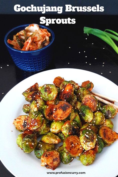 Roasted Brussel Sprouts With Gochujang, Vegan Recipes With Gochujang, Recipes With Gojuchang, Vegetarian Gochujang Recipe, Gochujang Recipe Dishes Vegetarian, Gochujang Brussels Sprouts, Korean Brussel Sprouts, Gochujang Recipe Vegetarian, Gochujang Zucchini