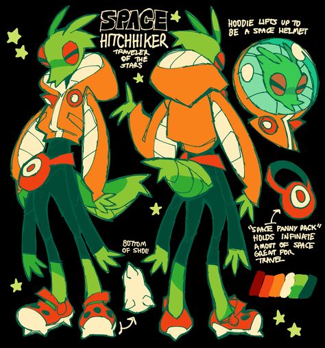 Mantis Oc Art, Highschool Character Design, Space Themed Character Design, Orange Character Design, Silly Character Design, Cool Characters, Cool Character Design, Noodle Art, Model Sheet