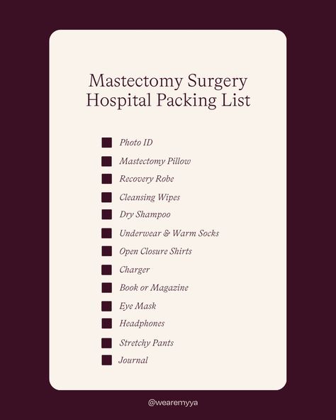 Mastectomy Hospital Bag, Post Hystecotomy Surgery, Mastectomy Must Haves, Tracheotomy Care, Aesthetic Flat Closure Mastectomy, Mastectomy Party, Hospital Packing List, Trans Tips, Mastectomy Surgery