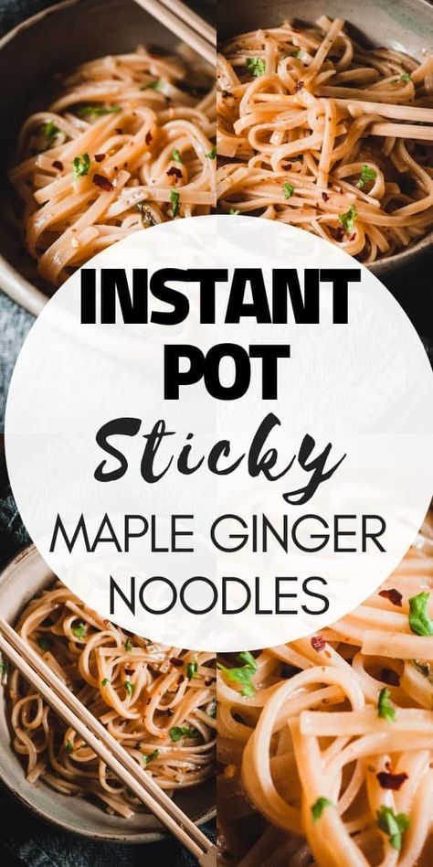 Super easy, tasty and healthy Instant Pot Sticky Maple Ginger Rice Noodles. This pressure cooker dish can be ready to enjoy in only about 10 minutes! This delicious noodle recipe is gluten-free, vegan and positively bursting with flavor. Ginger Noodles, Tasty Noodles Recipe, Sesame Noodles Recipe, Ginger Rice, Healthy Instant Pot, Pot Noodle, Vegetarian Instant Pot, Honey Sesame, Vegan Rice