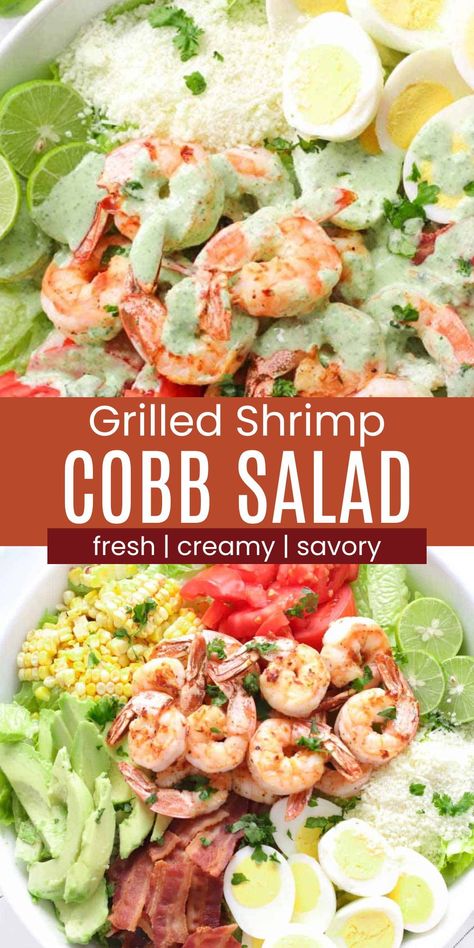 This Grilled Shrimp Cobb Salad will be a Favorite Summer Salads! I also share my Creamy Jalapeno Salad Dressing that pairs so well with the grilled shrimp and bacon! This is a Fresh Salad Recipes Summer that you will want to make over and over again! This Healthy Shrimp Salad Recipe has the perfect balance of creamy and fresh in one bowl! It is the perfect Summer DInner Ideas! | Shrimp Cobb Salad | Shrimp Cobb Salad Healthy | Easy Salad with Shrimp | Best Summer Salad Recipes | Salads With Shrimp, Cobb Salad Dressing Recipe, Jalapeno Salad, Shrimp Cobb Salad, Cilantro Lime Ranch, Cilantro Lime Ranch Dressing, Recipe With Cilantro, Cobb Salad Dressing, Grilled Shrimp Salad