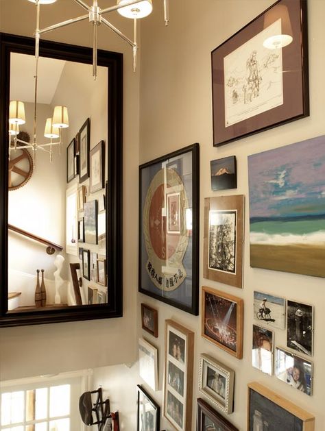 love the idea of putting a huge mirror in the dead space above the stairs. Staircase Mirror, Wall Above Stairs, Above Stairs Decor, Cambridge Cottage, Cottage Staircase, Cottage Eclectic, Mirror Stairs, Stair Wall Decor, Boston Interior Design