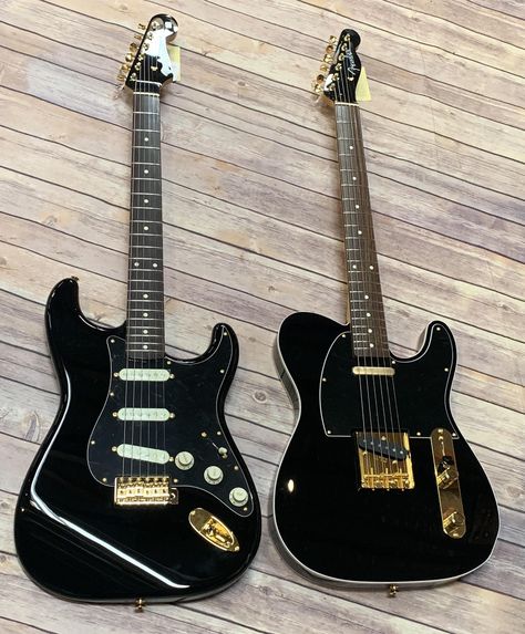 Black And Gold Guitar, Black Stratocaster, Telecaster Bass, Gold Guitar, Electric Guitar Design, Fender Electric Guitar, Stratocaster Guitar, Guitar Obsession, Custom Electric Guitars