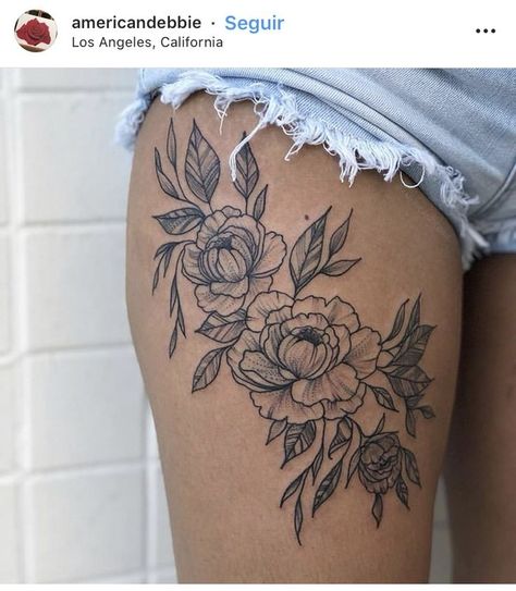 Thigh Tattoos Floral, 2023 Tattoo Ideas, Front Thigh Tattoos, Flower Hip Tattoos, Upper Leg Tattoos, Upper Thigh Tattoos, 2023 Tattoo, Hip Tattoo Designs, Side Thigh Tattoos