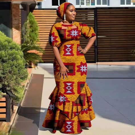 62.83US $ 30% OFF|African Dresses For Women Dashiki Ankara Print Slim Ruffles Long Maxi With Headwrap Bazin Riche Elegant Party Gown Y2225020 - Africa Clothing - AliExpress Long African Dresses Ankara, Ankara Long Gown Styles For Ladies, Brocade Styles, African Print Long Dress, Gown Dress Party Wear, Ankara Long Gown, African Party Dresses, Ankara Long Gown Styles, Long African Dresses