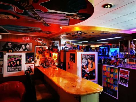 The Top 56 Basement Bar Ideas – Interior Home and Design 2 Sided Bar, Fun Bar Room Ideas, Home Dive Bar, Home Dive Bar Ideas, Dive Bar Aesthetic Basement, Unfinished Basement Party Ideas, Vintage Basement Decor, Dive Bar Basement, Funky Basement Ideas