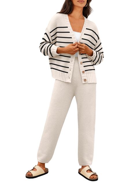 PRICES MAY VARY. You'll look cute whether you're staying in or going out with a versatile look like our cardigan lounge set! This set is so cute on and allows for whatever top you choose to go under the cardigan (tight/loose). You could easily wear the top or sweats with separate outfits. Sweater looks great with jeans to wear out, then transition to set bottoms for home or wear the full set out at the beach. Features: Top: oversized cardigan; Pants: tapered silhouette, pull-on style. Perfect fo Cardigan Athleisure Outfit, Winter Work From Home Outfit, Cute At Home Outfits, Spring Outfits Cute, Home Outfit Women, Simple Outfits Spring, Postpartum Outfits, Cute Lounge Sets, Lounge Wear Sets